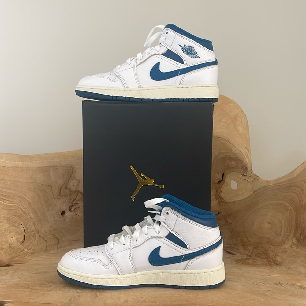 Air Jordan  1 Mid White and Blue High-Top Sneakers